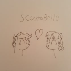 Size: 1836x1836 | Tagged: safe, scootaloo, sweetie belle, pegasus, pony, unicorn, eyes closed, female, filly, heart, lesbian, love, paper, pencil, pencil drawing, scootabelle, shipping, smiling, traditional art