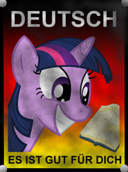 Size: 1026x1388 | Tagged: safe, artist:datbrass, twilight sparkle, book, german, grin, poster, smiling, solo, translated in the description