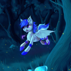 Size: 1280x1280 | Tagged: safe, artist:rokufuro, oc, oc only, oc:moonslurps(old version), bat pony, bat pony oc, flying, forest, jewelry, necklace, running, solo, ych result