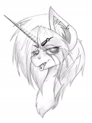 Size: 1584x2104 | Tagged: safe, artist:dodsie, oc, oc only, pony, unicorn, bust, evil grin, eyes on the prize, fangs, female, fluffy, grin, head, monochrome, piercing, smiling, solo, tongue out, tongue piercing