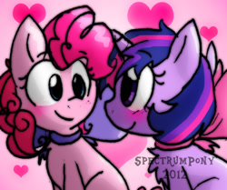 Size: 736x616 | Tagged: safe, artist:justagirlonline, pinkie pie, twilight sparkle, earth pony, pony, ask cute twinkie pie, female, lesbian, neck bow, shipping, twinkie