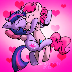 Size: 1024x1028 | Tagged: safe, artist:justagirlonline, pinkie pie, twilight sparkle, earth pony, pony, ask cute twinkie pie, bipedal, female, kissing, lesbian, neck bow, shipping, twinkie