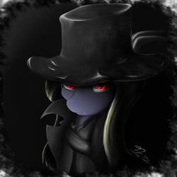 Size: 3000x3000 | Tagged: safe, artist:dranoellexa, oc, oc only, oc:butter cream, bat pony, abstract background, bloodborne, bust, clothes, coat, crossover, female, hat, mare, portrait, red eyes, simple background, slit eyes, solo, top hat