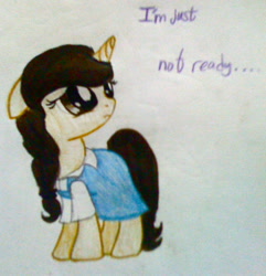 Size: 1090x1131 | Tagged: safe, artist:beetrue, oc, oc only, oc:faithful melody, pony, unicorn, clothes, dress, female, filly, floppy ears, sad, solo, traditional art