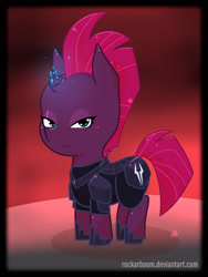 Size: 1364x1818 | Tagged: safe, alternate version, artist:rockarboom, tempest shadow, pony, unicorn, my little pony: the movie, armor, broken horn, chibi, eye scar, frown, scar, solo, sparking horn