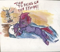 Size: 900x790 | Tagged: safe, artist:satrox13, storm king, tempest shadow, pony, unicorn, my little pony: the movie, alarm clock, annoyed, bed, broken horn, clock, clothes, eye scar, female, male, mare, meh, pajamas, pillow, scar, solo, tired, traditional art, watermark