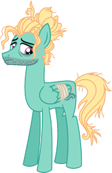 Size: 1015x1559 | Tagged: safe, artist:starryoak, zephyr breeze, pegasus, pony, alternate universe, description at source, facial hair, injured, injured wing, male, miracleverse, sad, simple background, solo, stallion, story in the source, transparent background, vector