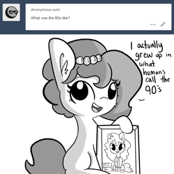 Size: 1650x1650 | Tagged: safe, artist:tjpones, oc, oc only, oc:brownie bun, earth pony, pony, horse wife, '90s, ask, braces, clothes, ear fluff, female, grayscale, mare, monochrome, picture frame, simple background, solo, sweater, t-shirt, tumblr, white background, younger