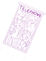 Size: 665x887 | Tagged: safe, artist:dstears, princess platinum, snails, snips, star swirl the bearded, pony, unicorn, bill and ted's excellent adventure, cute, diasnails, monochrome, newbie artist training grounds, parody, phone booth, simple background, white background