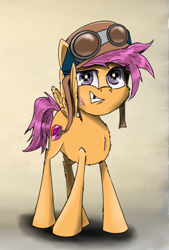 Size: 1320x1956 | Tagged: safe, artist:chopsticks, scootaloo, pegasus, pony, aviator goggles, aviator hat, cheek fluff, chest fluff, clothes, cutie mark, goggles, grin, hat, looking at you, missing teeth, simple background, smiling, solo