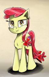 Size: 1259x1953 | Tagged: safe, artist:chopsticks, apple bloom, earth pony, pony, bow, cheek fluff, chest fluff, cutie mark, looking at you, simple background, smiling, solo