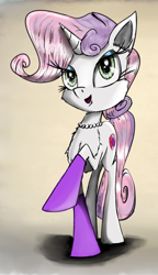 Size: 1038x1799 | Tagged: safe, artist:chopsticks, sweetie belle, unicorn, cheek fluff, chest fluff, clothes, cutie mark, eyeshadow, female, jewelry, looking at you, makeup, mare, necklace, open mouth, simple background, smiling, socks, solo