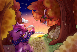 Size: 3000x2000 | Tagged: safe, artist:cloureed, oc, oc only, oc:cinnamon, oc:strawberry breeze, fruit bat, pegasus, pony, autumn, clothes, long tail, scarf, sunset, tree