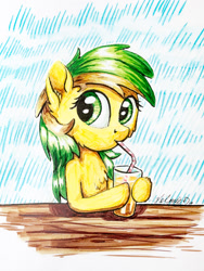 Size: 1024x1365 | Tagged: safe, artist:helmie-art, oc, oc only, oc:fresca lemonade, pony, bendy straw, drinking, drinking straw, female, juice, lemonade, mare, simple background, solo, straw, traditional art