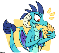 Size: 1414x1268 | Tagged: safe, artist:kemofoo, princess ember, dragon, triple threat, cute, dragoness, eating, emberbetes, female, food, muffin, scene interpretation, simple background, solo