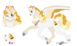 Size: 1320x800 | Tagged: safe, artist:bijutsuyoukai, oc, oc only, oc:gilded bell, alicorn, pony, alicorn oc, cutie mark background, female, horseshoes, mare, one eye closed, reference sheet, simple background, solo, transparent background, wink