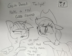 Size: 1471x1149 | Tagged: safe, artist:tjpones, applejack, twilight sparkle, twilight sparkle (alicorn), alicorn, earth pony, pony, censored, censored dialogue, dialogue, duo, ear fluff, female, floppy ears, freckles, grayscale, lineart, looking at each other, mare, monochrome, open mouth, pointing, raised hoof, telling lies, traditional art, tv-y7