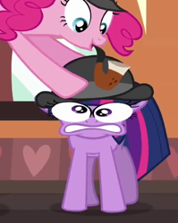 Size: 430x540 | Tagged: safe, screencap, pinkie pie, twilight sparkle, unicorn twilight, earth pony, pony, unicorn, mmmystery on the friendship express, cropped, duo, faic, female, great moments in animation, gritted teeth, hat, looking down, mare, pinkie being pinkie, pipe, sherlock holmes, special eyes, watson