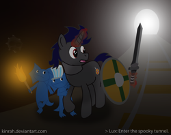 Size: 1248x990 | Tagged: safe, artist:kinrah, oc, oc only, oc:lux aegis, lizard, pony, shield, sword, tunnel, weapon