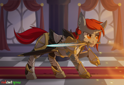 Size: 2180x1500 | Tagged: safe, artist:redchetgreen, oc, oc only, oc:corentin, pony, unicorn, armor, blood, commission, confrontation, male, mouth hold, raised hoof, solo, sword, weapon, ych result