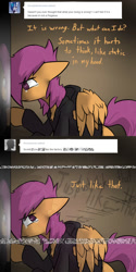 Size: 750x1500 | Tagged: safe, artist:conmanwolf, scootaloo, pony, fanfic:rainbow factory, ask factory scootaloo, clothes, comic, crying, factory scootaloo, static