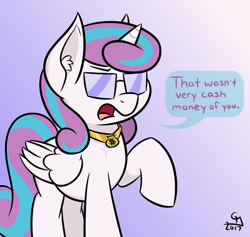 Size: 540x512 | Tagged: safe, artist:glimglam, princess flurry heart, alicorn, pony, cash money, dialogue, ear fluff, featured on derpibooru, female, gold digger, gradient background, jewelry, mare, meme, necklace, older, older flurry heart, open mouth, ponified, purple background, raised hoof, solo, sunglasses, teenage flurry heart, teenager