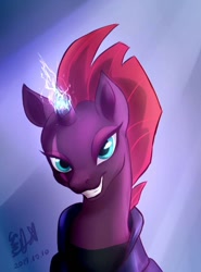 Size: 800x1080 | Tagged: safe, artist:丁劉銀, tempest shadow, my little pony: the movie, broken horn, eye scar, horn, scar, smiling, solo, sparking horn