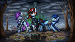 Size: 6000x3374 | Tagged: safe, artist:setharu, oc, oc only, oc:blackjack, oc:morning glory (project horizons), oc:p-21, oc:rampage, earth pony, pegasus, pony, unicorn, fallout equestria, fallout equestria: project horizons, absurd resolution, armor, barbed wire, city, clothes, hoofington, saddle bag, scenery, spikes, wasteland