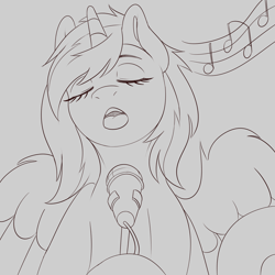 Size: 3600x3600 | Tagged: safe, artist:askamberfawn, oc, oc only, pony, explicit source, eyes closed, female, mare, microphone, monochrome, music notes, open mouth, singing, sketch, winged unicorn