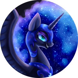 Size: 835x835 | Tagged: safe, artist:chirpy-chi, nightmare moon, alicorn, pony, bust, evil grin, fangs, female, grin, horn, looking at you, mare, simple background, smiling, solo, transparent background, wings