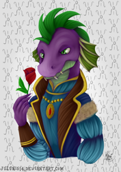 Size: 1024x1448 | Tagged: safe, artist:julunis14, spike, dragon, clothes, fangs, flower, jewelry, necklace, older, older spike, rose, solo