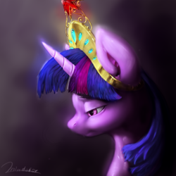Size: 3000x3000 | Tagged: safe, artist:mindofor, twilight sparkle, twilight sparkle (alicorn), alicorn, absurd file size, big crown thingy, bust, crown, element of magic, jewelry, lidded eyes, looking down, portrait, profile, regalia, sad, signature, solo