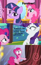 Size: 1280x2013 | Tagged: safe, edit, edited screencap, screencap, pinkie pie, rarity, twilight sparkle, earth pony, pony, unicorn, green isn't your color, season 1, season 5, the one where pinkie pie knows, a taste of their own medicine, angry face, bed, carousel boutique, forever, freaking out, mirror, slowpoke, stars, tree roots, twilight's castle