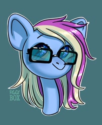 Size: 875x1080 | Tagged: safe, artist:piggybox, oc, oc only, oc:eve scintilla, pony, bust, glasses, portrait, solo