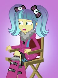 Size: 752x1000 | Tagged: safe, artist:pixelkitties, pixel pizazz, equestria girls, boots, bow, chair, clothes, coat, crossed legs, eyeball, female, hair bow, halloween, holiday, pigtails, shoes, sitting, skirt, solo, worried