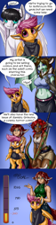 Size: 700x2800 | Tagged: safe, artist:aphexangel, scootaloo, oc, oc:laura the zony, anthro, dragon, pegasus, pony, anthro with ponies, clothes, dialogue, ear fluff, holding a pony, looking at you, non-mlp oc, stalkerloo