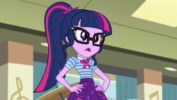 Size: 1280x720 | Tagged: safe, screencap, sci-twi, twilight sparkle, better together, equestria girls, overpowered (equestria girls), canterlot high, clothes, female, geode of telekinesis, glasses, music room, open mouth, solo, talking