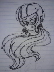 Size: 2120x2814 | Tagged: safe, artist:rodan00, derpibooru exclusive, juniper montage, equestria girls, spoiler:eqg specials, bust, glasses, lined paper, long hair, monochrome, pigtails, portrait, traditional art, twintails