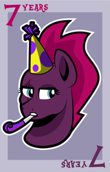 Size: 587x915 | Tagged: safe, artist:moonlightfan, tempest shadow, my little pony: the movie, bust, celebration, happy birthday mlp:fim, hat, mlp fim's seventh anniversary, party hat, party horn, solo, tempest gets her horn back, tempest the birthday guest