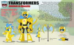 Size: 4094x2544 | Tagged: safe, artist:aleximusprime, dragon, robot, autobot, autobots in equestria, axe, bumblebee, crossover, lance, solo, transformation, transformers, weapon