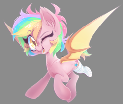 Size: 2290x1945 | Tagged: safe, artist:zombie, oc, oc only, oc:paper stars, bat pony, amputee, bandage, cute, gray background, ocbetes, one eye closed, simple background, solo, stump, wink