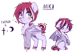 Size: 801x567 | Tagged: safe, artist:shiromidorii, oc, oc only, oc:mika, bat pony, pony, clothes, colt, hoodie, male, reference sheet, solo