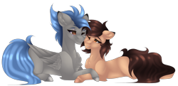 Size: 3000x1453 | Tagged: safe, artist:mauuwde, oc, oc only, oc:shade, oc:woon, earth pony, pegasus, pony, art trade, couple, female, male, mare, oc x oc, shipping, shoon, simple background, smiling, stallion, straight, transparent background