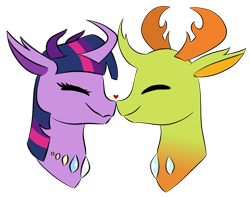 Size: 1024x806 | Tagged: safe, artist:musicdove, thorax, twilight sparkle, changedling, changeling, changeling queen, alternate universe, bust, changedlingified, changeling king, changelingified, duo, eyes closed, female, heart, king thorax, male, nuzzling, portrait, profile, queen twilight, shipping, simple background, smiling, species swap, straight, transparent background, twirax