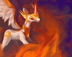 Size: 2800x2240 | Tagged: safe, artist:utauyan, daybreaker, alicorn, pony, female, fire, helmet, mane of fire, mare, solo