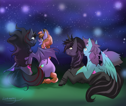 Size: 3672x3113 | Tagged: safe, artist:wishmarey, oc, oc only, oc:glitter shine (ice1517), oc:night rose (ice1517), oc:nightshade eclipse, oc:sunny dew, alicorn, bat pony, bat pony alicorn, hybrid, pegasus, pony, unicorn, alicorn oc, bat pony unicorn, beanie, cute, ear piercing, earring, eyebrow piercing, female, gay, glasses, hat, hug, jewelry, lesbian, lip piercing, male, mare, night, oc x oc, open mouth, piercing, shipping, sky, stallion, stargazing, starry night, tattoo, unshorn fetlocks, wing piercing, winghug, wingless bat pony