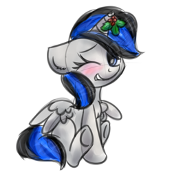 Size: 1000x1000 | Tagged: safe, artist:littleblackraencloud, oc, oc only, oc:lily, pegasus, pony, blushing, female, floppy ears, holly, holly mistaken for mistletoe, mare, mistletoe horn, one eye closed, simple background, sitting, smiling, smirk, solo, spread wings, white background, wings, wink