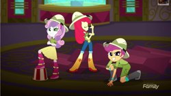 Size: 1280x720 | Tagged: safe, screencap, apple bloom, scootaloo, sweetie belle, eqg summertime shorts, equestria girls, the canterlot movie club, cinema, cutie mark crusaders, hat