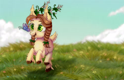 Size: 3100x2000 | Tagged: safe, artist:0okami-0ni, oc, oc only, butterfly, pony, antlers, cloud, female, grass, mare, running, sky, smiling, unshorn fetlocks