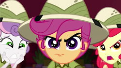 Size: 1280x720 | Tagged: safe, screencap, apple bloom, scootaloo, sweetie belle, eqg summertime shorts, equestria girls, the canterlot movie club, angry, cutie mark crusaders, determined, hat, worried